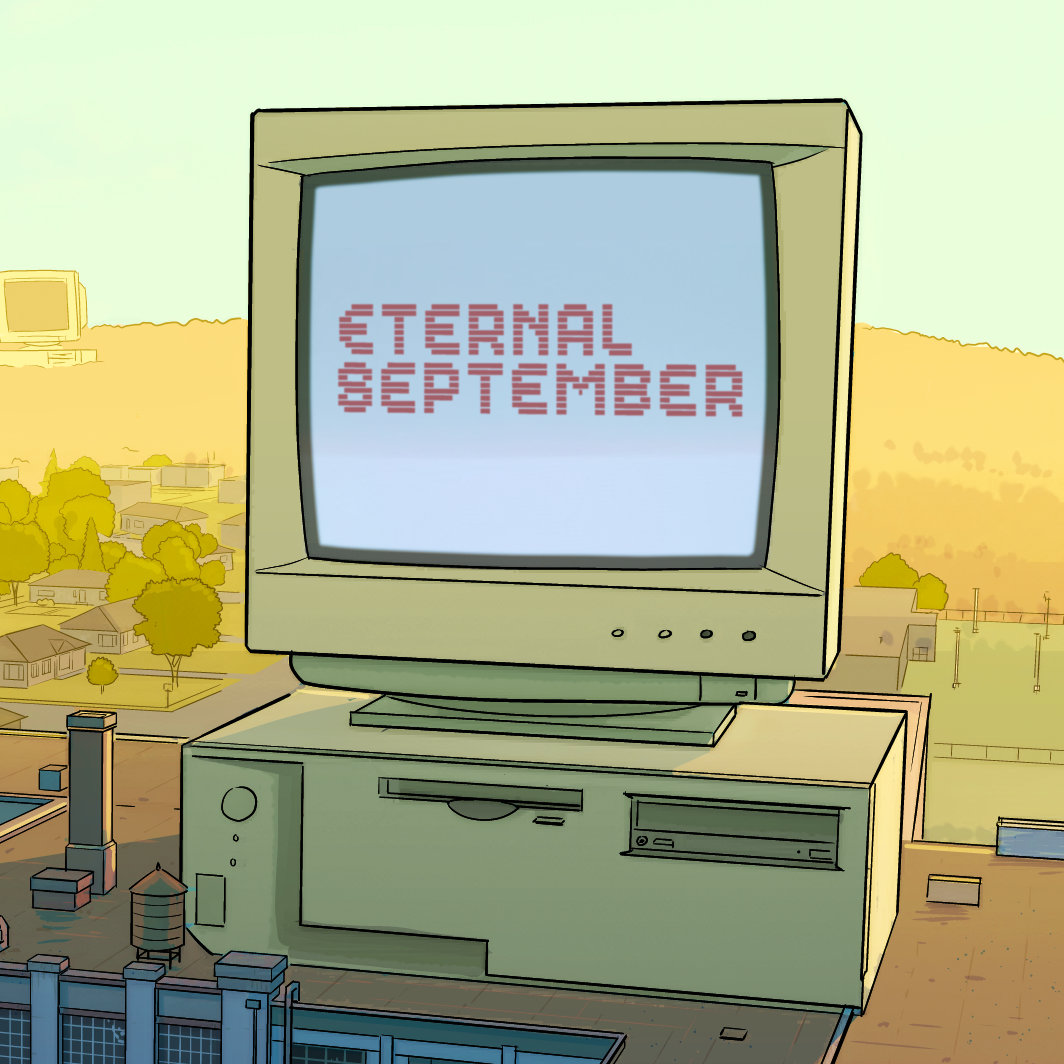 A five story tall 90s era computer sits on top of a factory with the words "Eternal September" on the screen. 